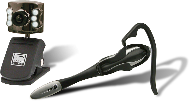 Webcam von Speedlink mit integrierten LEDs und passendem Headset, ideal für Videokonferenzen und Online-Kommunikation