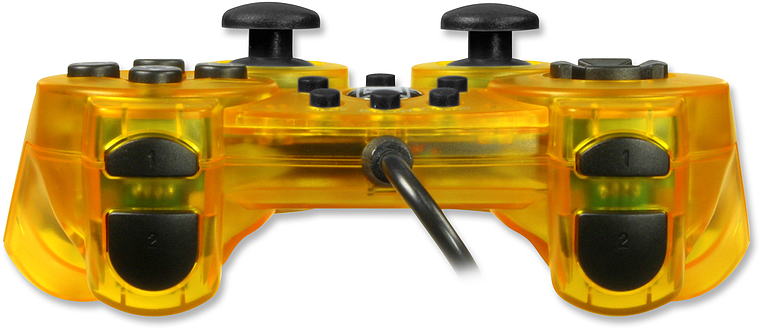 Kabelgebundener, transparenter gelber Gamecontroller mit zwei Analogsticks, mehreren Tasten und ergonomischem Design