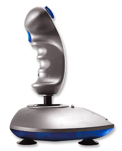 Grauer Joystick mit ergonomischem Griff und blauen Tasten für Computer- oder Konsolenspiele