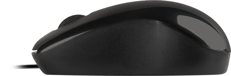 Seitliche Ansicht einer schwarzen kabelgebundenen Computermaus auf weißem Hintergrund