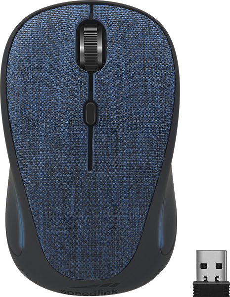 Kabellose Maus mit blauer Stoffoberfläche und USB-Empfänger