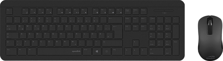Abgebildet ist ein schwarzes, kabelloses Tastatur- und Maus-Set von Speedlink, ideal für Computerarbeitsplätze.