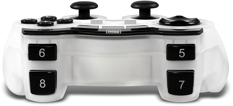 Frontansicht eines weißen kabellosen Gamecontrollers mit nummerierten schwarzen Tasten und zwei Joysticks