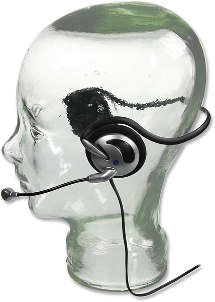 Schwarzes Headset mit Mikrofon auf einem transparenten Glas-Kopfmodell