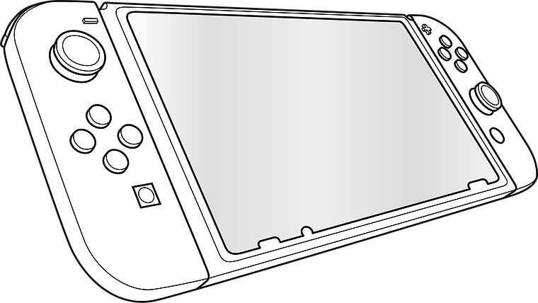 Abbildung einer tragbaren Handheld-Spielkonsole mit Steuerungsbuttons und großem Bildschirm