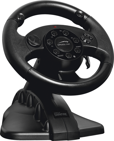 Schwarzes Speedlink Darkfire Gaming-Lenkrad mit Steuerungstasten und stabilem Standfuß, geeignet für PC oder Konsole