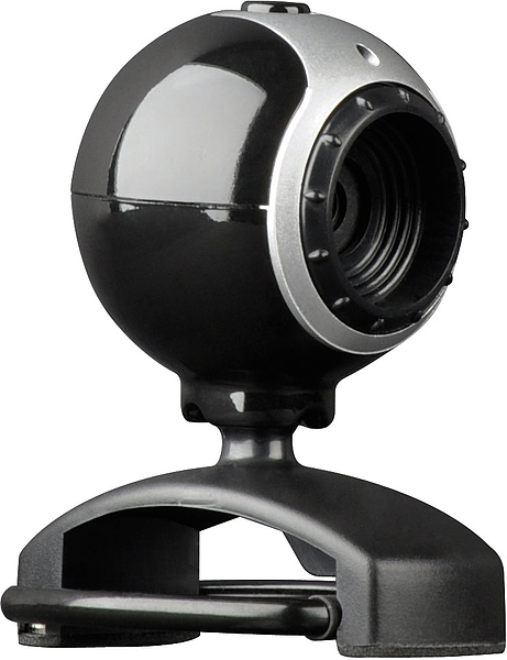Schwarze USB-Webcam mit rundem Design auf Standfuß, geeignet für PC und Laptop