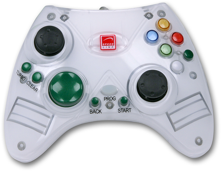 Weißer Speedlink USB Gamepad Controller mit farbigen Tasten, zwei Analog-Sticks und Funktionstasten
