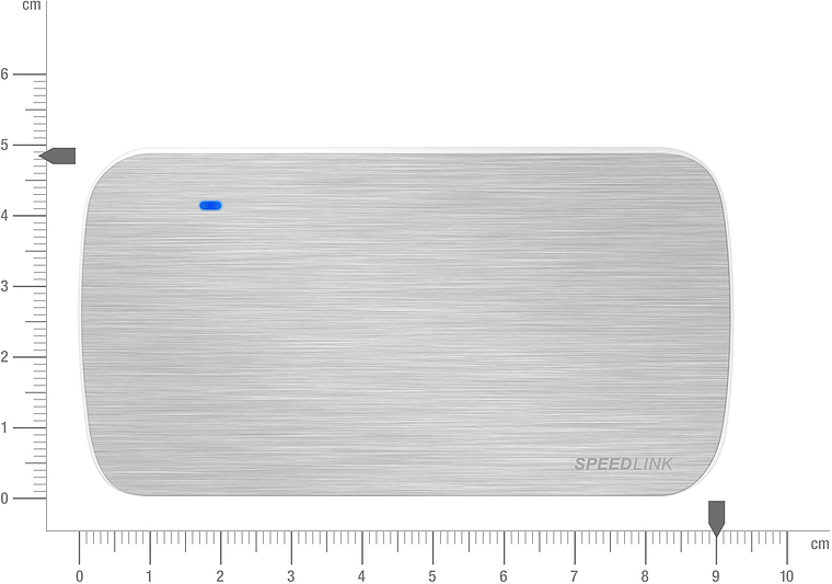 SPEEDLINK externe Festplatte in silber, rechteckig, mit Maßskala im Hintergrund zur Größenbestimmung