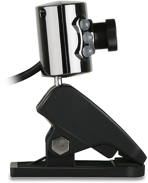 Seitenansicht einer USB-Webcam mit Clip-Halterung und integrierten LED-Leuchten