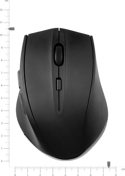 Obenansicht einer schwarzen, kabellosen Computermaus mit ergonomischer Form und Scrollrad, neben einem Maßstab zur Größendarstellung