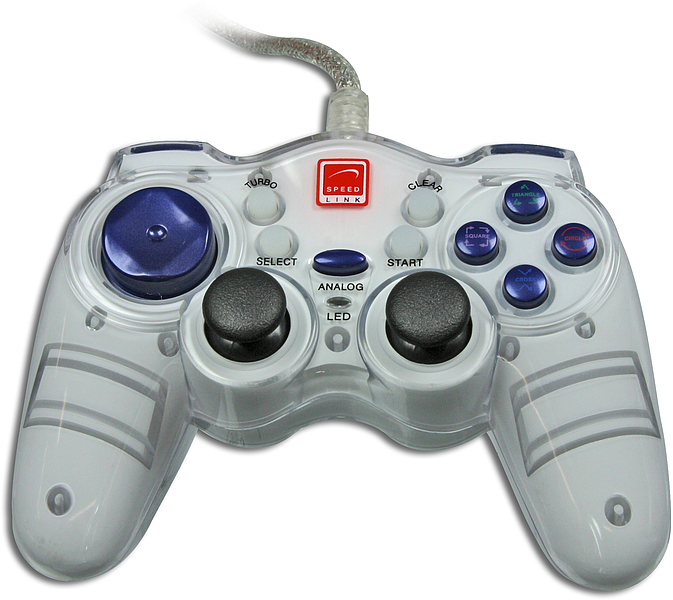 Kabelgebundenes Speedlink Gamepad mit zwei Analog-Sticks, D-Pad, Funktionstasten und transparentem Gehäuse