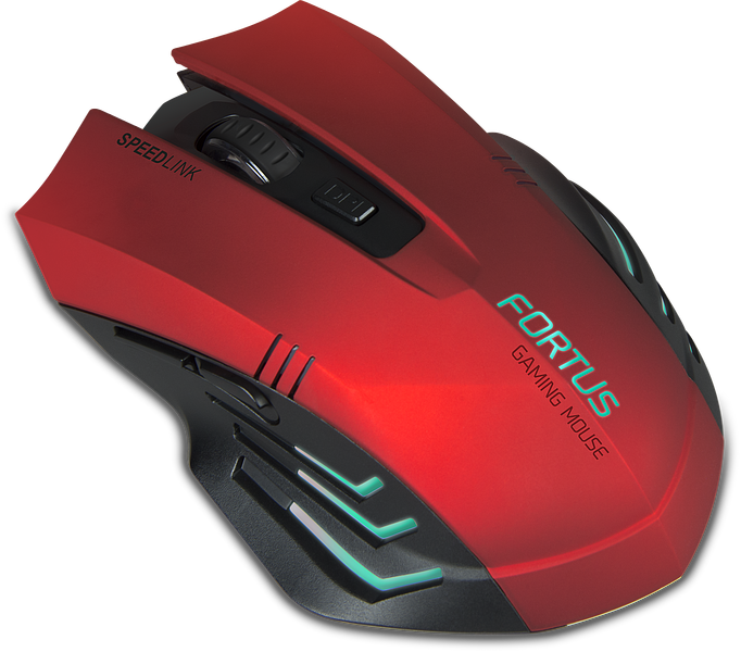 Abbildung einer roten Speedlink FORTUS Gaming Maus mit ergonomischer Form und seitlichen Leuchtelementen
