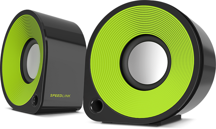 Zwei kompakte SPEEDLINK Lautsprecher in Schwarz mit grünem Ring, modern gestaltet