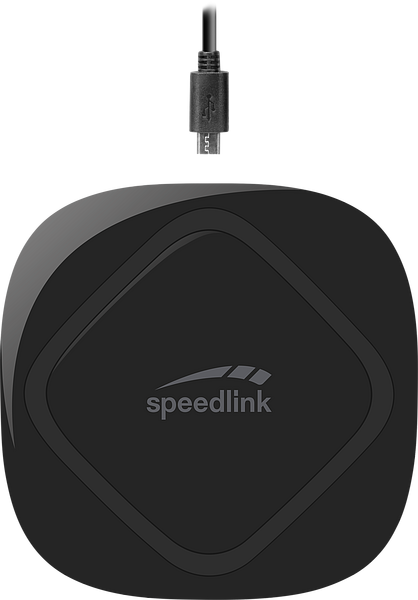 Schwarzes Speedlink USB-Ladegerät mit angestecktem Micro-USB-Kabel, quadratische Form, Aufsicht
