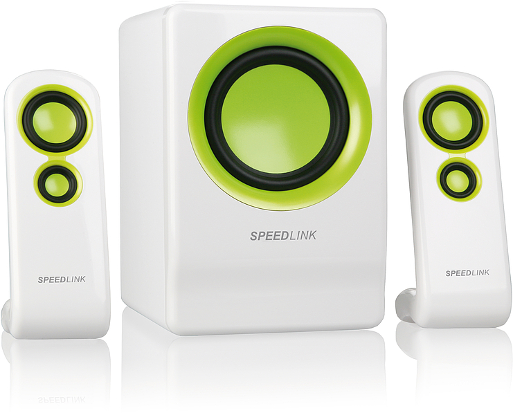Weiß-grünes SPEEDLINK 2.1 Lautsprecherset bestehend aus zwei Satellitenlautsprechern und einem Subwoofer, ideal für PC und Multimedia-Anwendungen