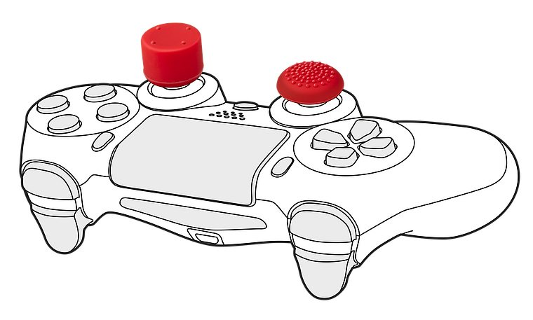 Illustration eines Gamecontrollers mit zwei roten Aufsätzen auf den Steuersticks für besseren Halt beim Spielen