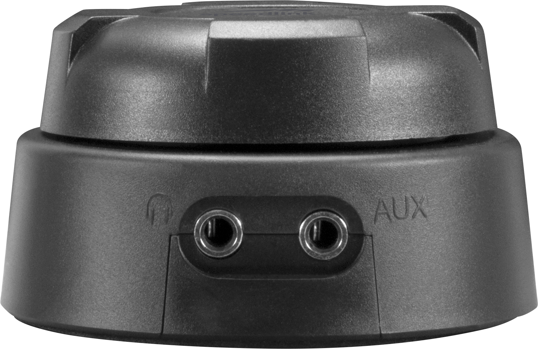 Schwarzes elektronisches Gerät mit zwei 3,5-mm-Klinkenanschlüssen, einer davon als AUX-Anschluss gekennzeichnet