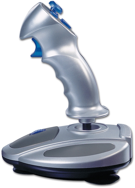 Silberner PC-Joystick mit ergonomischem Griff und blauen Bedientasten, geeignet für Computerspiele