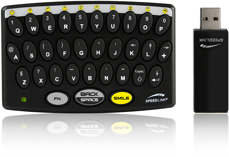 Schwarze SPEEDLINK Mini-Funktastatur mit Smiley-Taste und dazugehörigem USB-Empfänger, ideal für mobiles Tippen