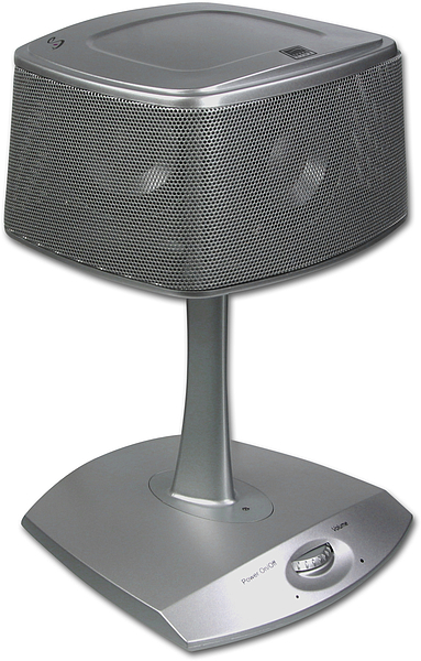 Freistehender silberner Lautsprecher mit Netzabdeckung und rundem Standfuß, Bedienelement an der Vorderseite