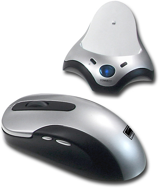 Ergonomische kabellose Maus in Silber-Schwarz mit passender Ladestation, geeignet für PC und Laptop