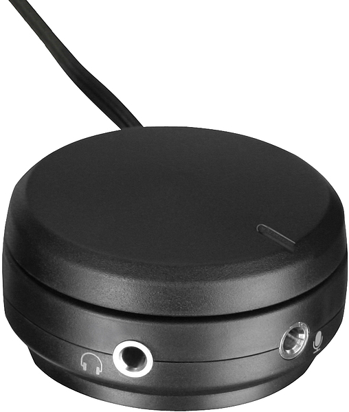 Runde, schwarze externe USB-Soundkarte mit Anschlussmöglichkeiten für Kopfhörer und Mikrofon