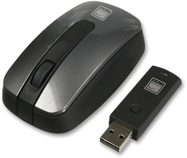 Abbildung einer kabellosen Computermaus mit passendem USB-Empfänger in Schwarz-Grau