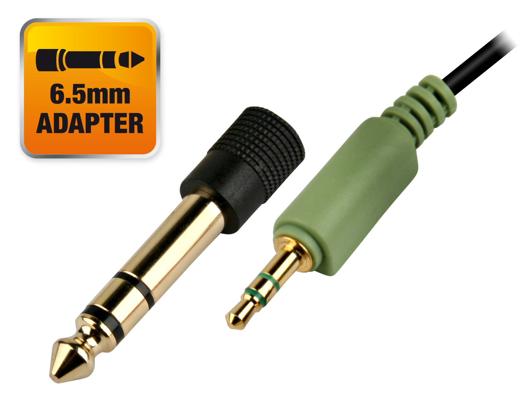 Abbildung eines 6,5-mm-Klinkenadapters, zum Verbinden von 3,5-mm-Klinkenkabeln mit 6,5-mm-Klinkenanschlüssen, ideal für Audiogeräte