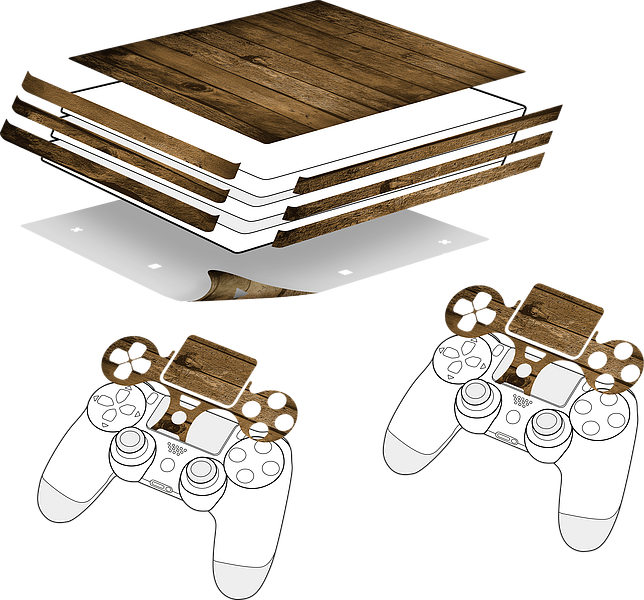 Abgebildet ist ein Set aus Aufklebern in Holzoptik für eine Playstation-Konsole und zwei Controller