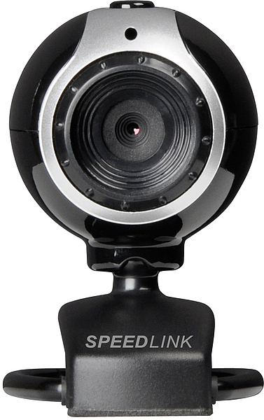 Frontansicht einer SPEEDLINK USB-Webcam in Schwarz mit Standfuß, geeignet für PC und Laptop