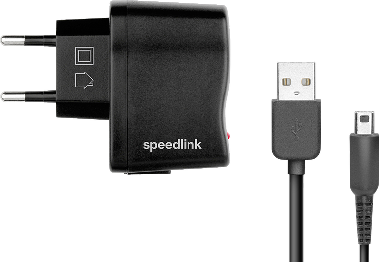 Schwarzes Speedlink USB-Ladegerät mit Eurostecker und passendem Mini-USB-Ladekabel