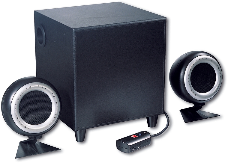 Schwarzes 2.1 Lautsprechersystem bestehend aus Subwoofer und zwei runden Satellitenlautsprechern, geeignet für PC oder Unterhaltungselektronik