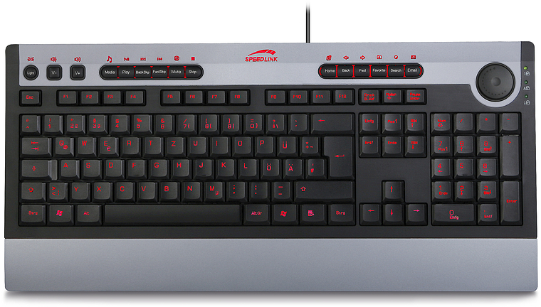 SPEEDLINK Tastatur mit deutschem QWERTZ-Layout, Multimediatasten und ergonomischer Handballenauflage in Schwarz und Silber
