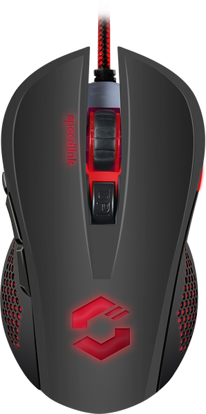 Schwarze Speedlink Gaming-Maus mit roter LED-Beleuchtung und ergonomischer Form, Ansicht von oben