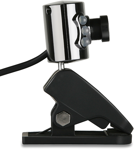 Seitliche Ansicht einer modernen Webcam mit Klammerhalterung, schwarzem Gehäuse und integriertem Mikrofon