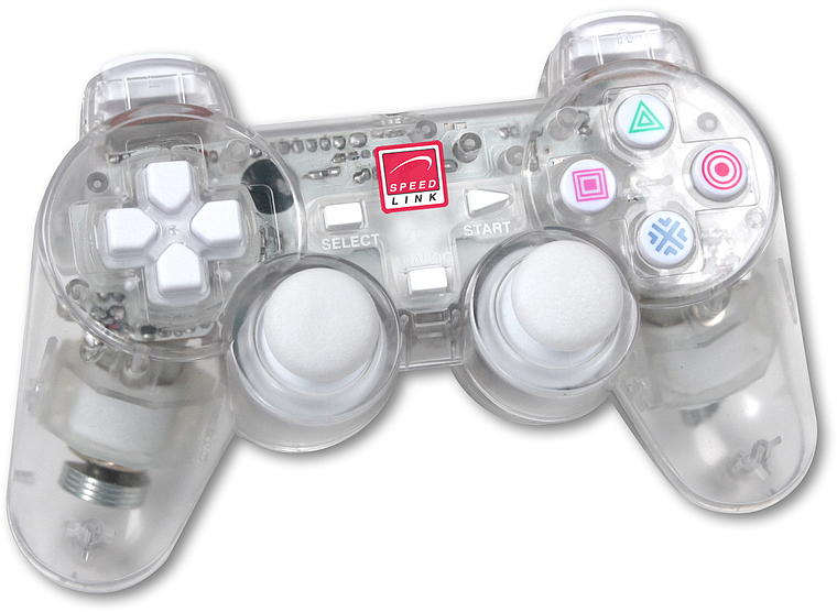 Transparenter Speedlink-Controller mit zwei Analogsticks und Tasten für Playstation und PC