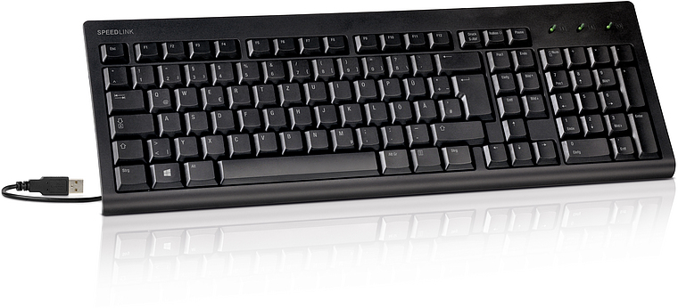 Schwarze SPEEDLINK USB-Tastatur mit deutschem QWERTZ-Layout, angeschlossen per Kabel