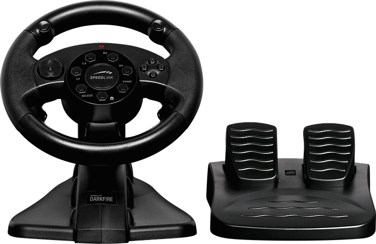 Gaming-Lenkrad mit Pedalen von Speedlink, Modell Darkfire, für Rennspiele an PC und Konsole