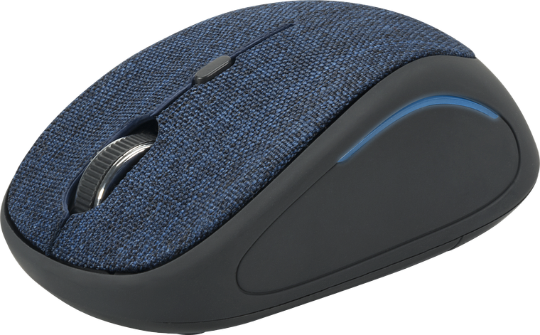 Moderne kabellose Maus mit blauem Stoffbezug, ergonomischer Form und schwarzem Seitenteil