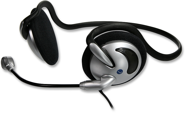 Modernes, silbernes Headset mit Mikrofon und Ohrbügel, ideal für Online-Kommunikation und Computerspiele