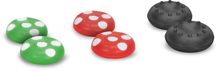 Set aus sechs Möbelgleitern in Grün, Rot und Schwarz mit verschiedenen Oberflächenstrukturen zur Schonung von Böden