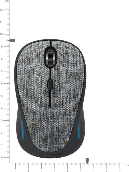 Kabellose Maus mit grauer Stoffoberfläche und ergonomischer Form, daneben ein Lineal zur Maßangabe