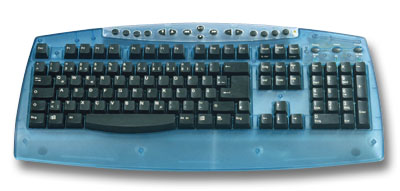 Abbildung einer schwarzen Tastatur mit blauem, durchsichtigem Gehäuse und zusätzlichen Funktionstasten