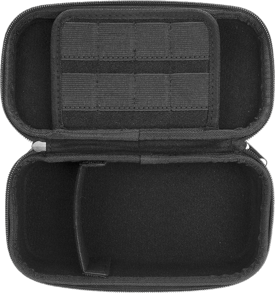 Geöffnetes schwarzes Hartschalen-Etui mit elastischen Innenfächern, ideal für Kleinteile und Zubehör