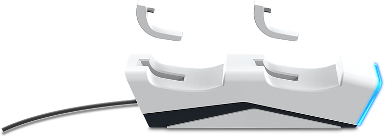 Weiße Dual-Ladestation für zwei PlayStation 5 Controller, seitliche Ansicht, inklusive blauer LED-Anzeige und Adapteraufsätzen