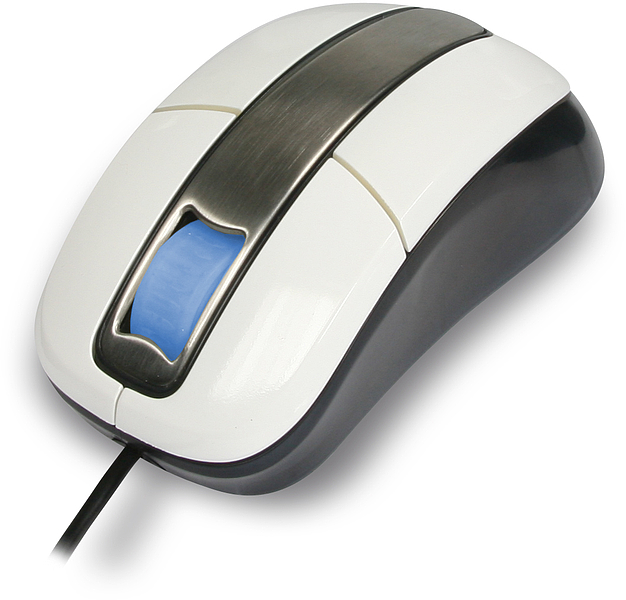 Weiße kabelgebundene Computermaus mit grauen Seiten und blauem Scrollrad