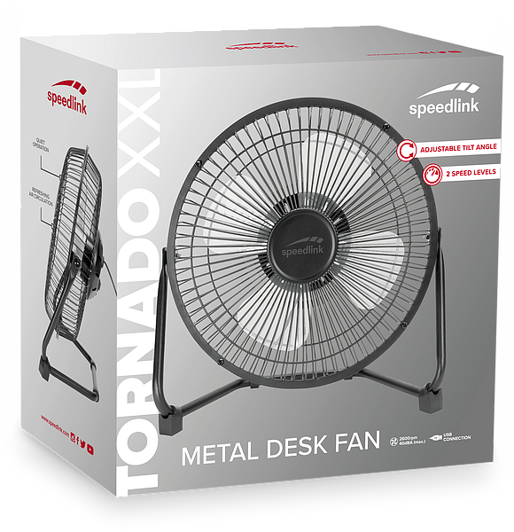 Verpackung des Speedlink Tornado XXL Metall Tischventilators mit verstellbarem Neigungswinkel und 2 Geschwindigkeitsstufen