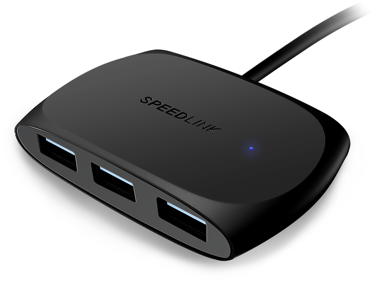 Schwarzer SPEEDLINK USB-Hub mit drei USB-Anschlüssen und einer blauen LED-Anzeige
