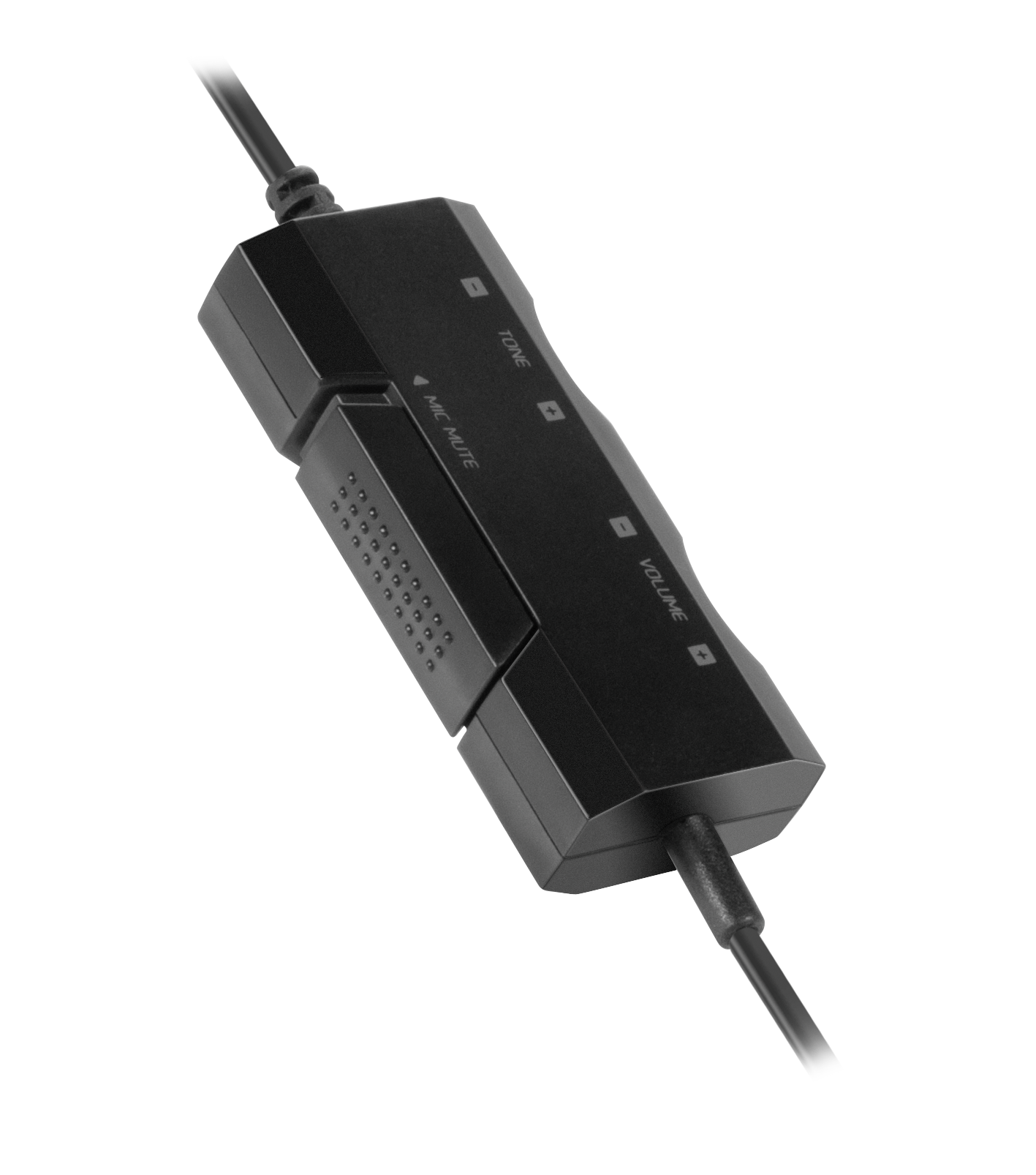 Schwarzes Inline-Bedienelement mit Tasten für Lautstärke, Klang und Mikrofon-Stummschaltung am Kabel eines Headsets